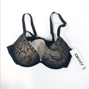 DKNY Plunge Pushup Support Black Lace Bra | 36C